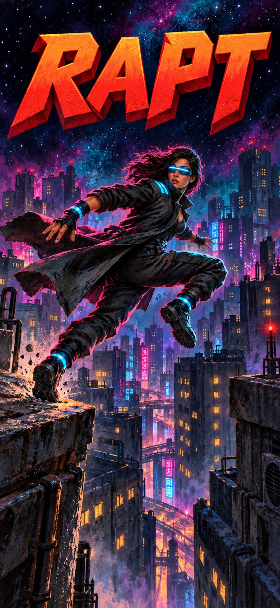 RAPT Key-Art: Läuferin im Sprung über der Neon-Stadt